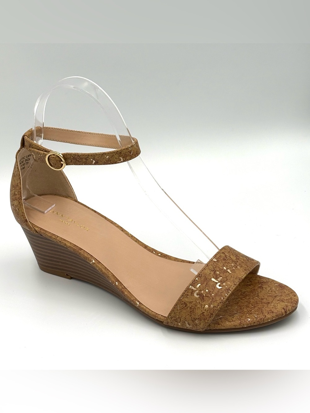 Ann Taylor Cork Gold Flecked Ankle Strap Warm Minimalist Wedge Sandals Size 7.5